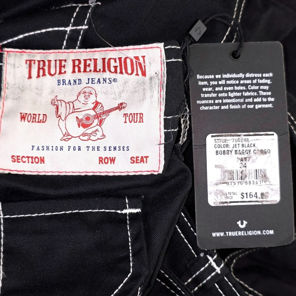 NWT True Religion Bobby Baggy Cargo Pants Mens 34 Black Contrast Stitch 700248